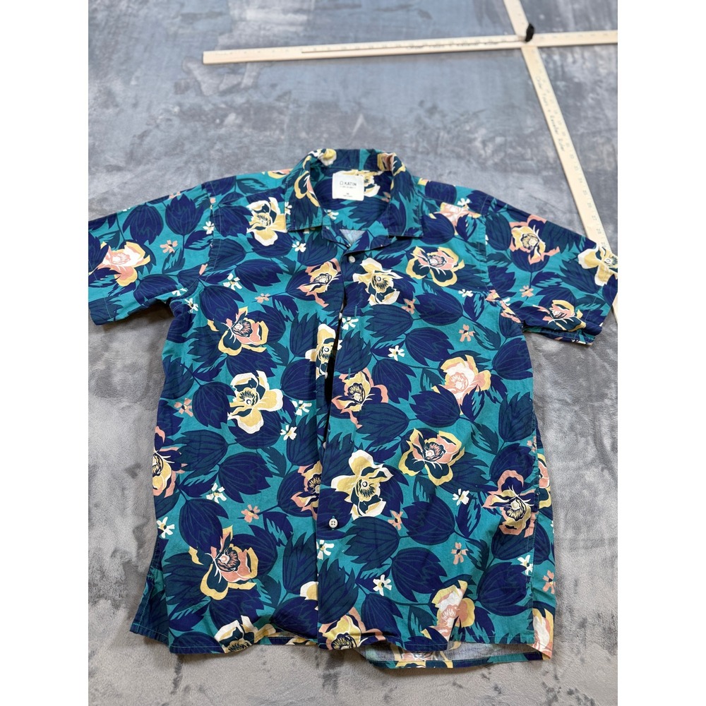 Katin Men's MD Teal Floral Hawaiian‎ Camp Shirt Button Down Short Sleeve Casual